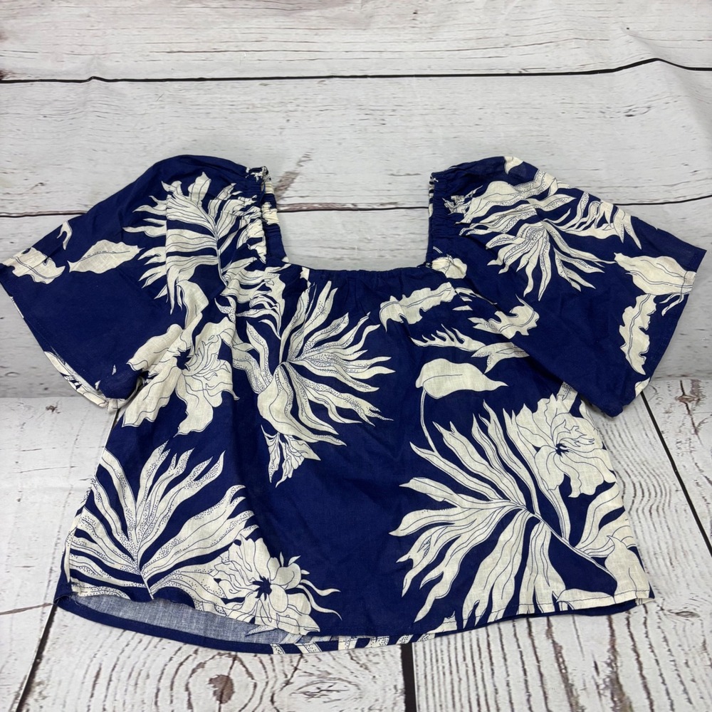 Rachel Zoe Womens Navy White Floral Linen Blend Square Neck Crop Top NWT Small